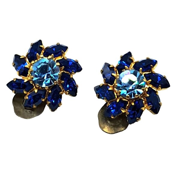 Austria Rhinestone Brooch Earrings Set Two Tone Blue Signed Vintage Costume Jewe - Picture 3 of 14